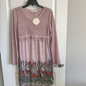 Simply Couture Soft Mauve Pink Knit dress with embroidered sheer overlay NWT